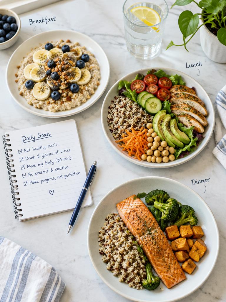 Balanced breakfast, lunch and dinner plates beside a daily goals notebook