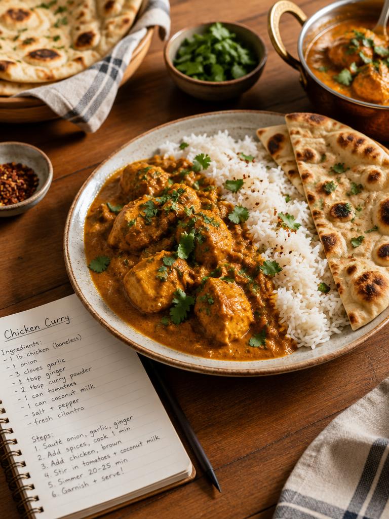 A plated home-cooked curry with rice and flatbread beside a recipe notebook
