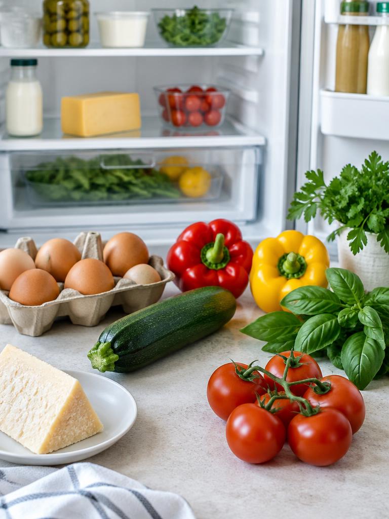Fridge ingredients laid out on a kitchen counter ready to cook