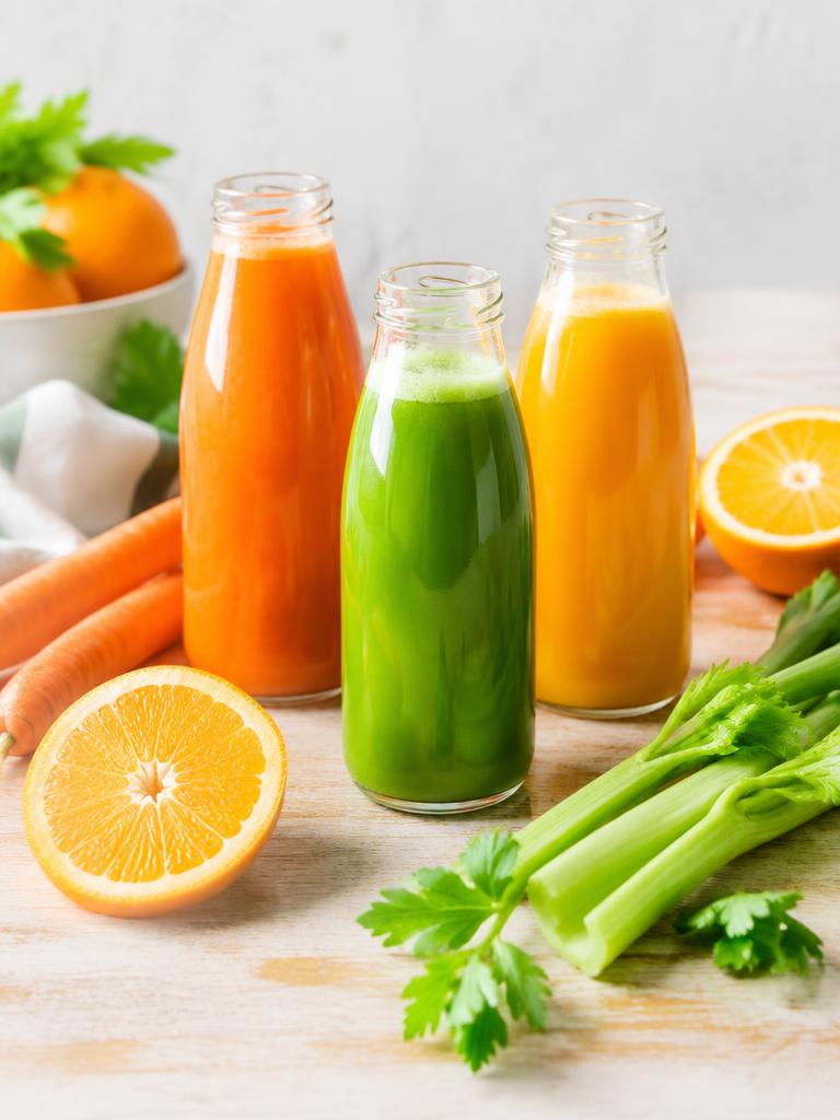 Bottles of freshly pressed orange, carrot and green juice
